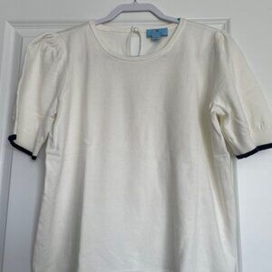 Beautiful Off White Short Sleeve Lightweight Sweater with Navy trim.